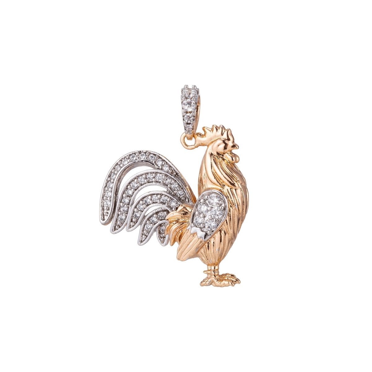 18k Gold Fill Rooster Pendant in CZ Cubic Zirconia Charm H-881 - DLUXCA