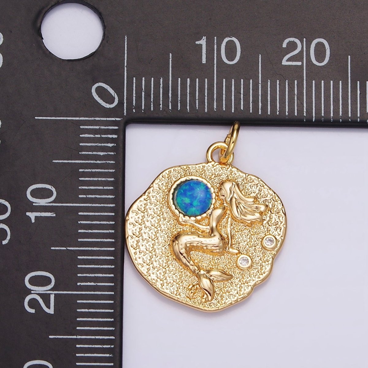 18K Gold Filled 19 mm Gemstone Mermaid Fish Stamped Round Charm | N1687 , N1753 - N1754 - DLUXCA