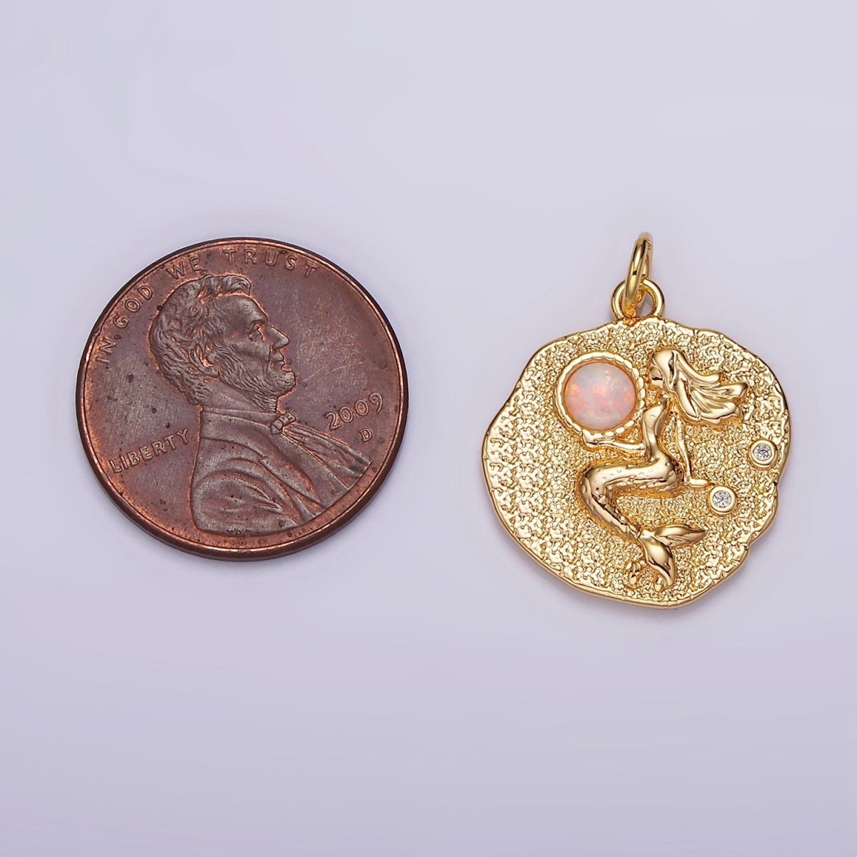 18K Gold Filled 19 mm Gemstone Mermaid Fish Stamped Round Charm | N1687 , N1753 - N1754 - DLUXCA