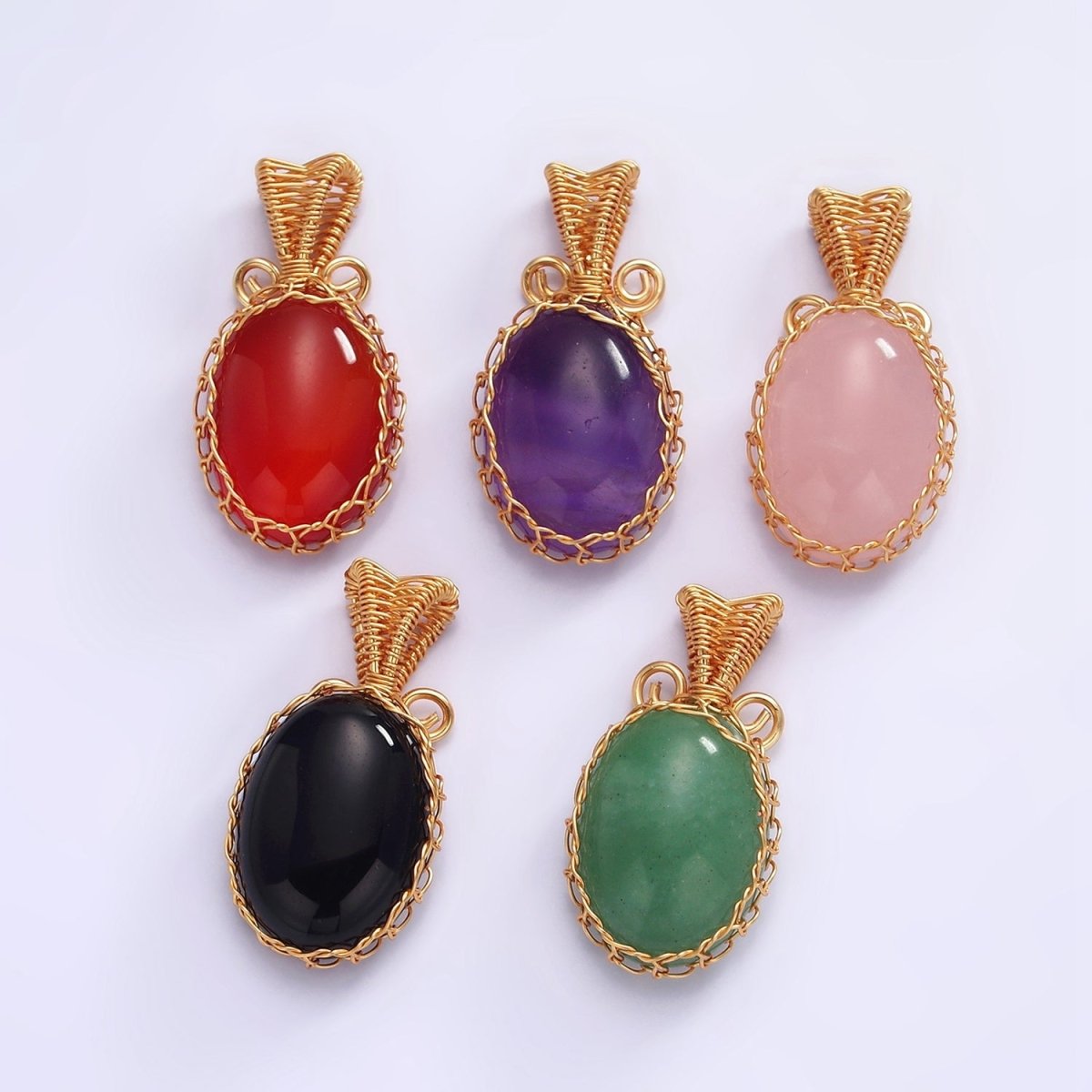 18K Gold Filled 28mm Rose Quartz, Carnelian, Amethyst, Aventurine, Onyx Cabochon Handmade Wire Wrapped Pendant | AA-616 - AA-620 - DLUXCA