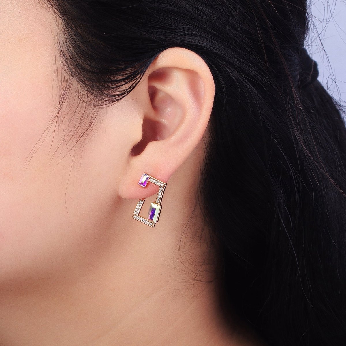 18K Gold Filled AB Iridescent Baguette Open Rectangular Clear Micro Paved CZ Geometric Earrings | AB243 - DLUXCA