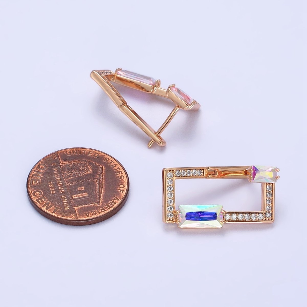 18K Gold Filled AB Iridescent Baguette Open Rectangular Clear Micro Paved CZ Geometric Earrings | AB243 - DLUXCA