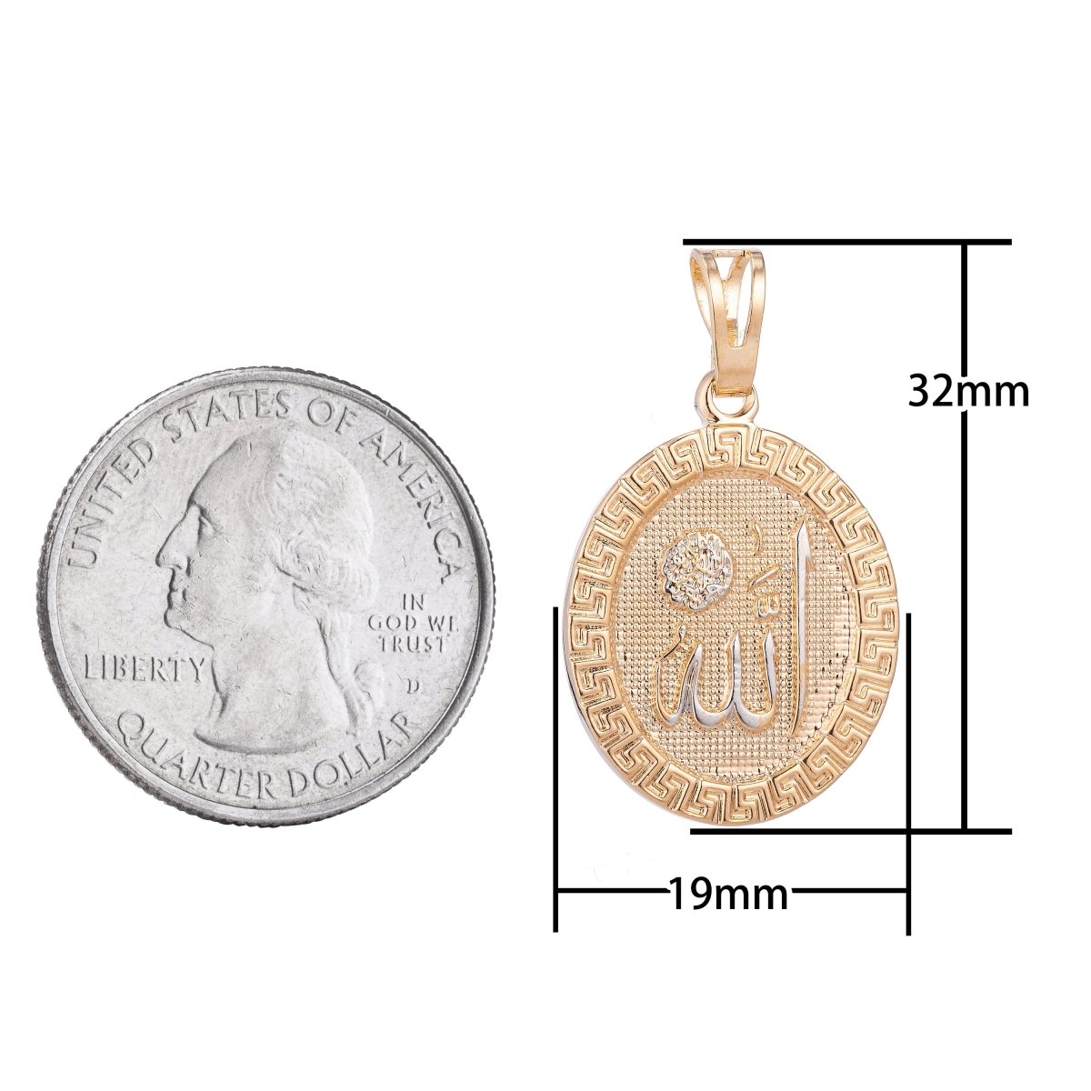18K Gold Filled Arabic Word Allah Moslem Islam Calligraphy Arabian Coin Charm Decorative Edge Necklace PENDANT Bails for Jewelry Making H-621 - DLUXCA