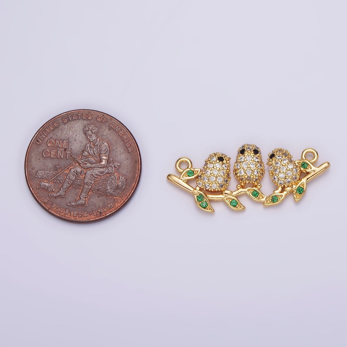 18K Gold Filled Black-Eyed Three Baby Birds Micro Paved CZ Green Leaf Connector | G-030 - DLUXCA
