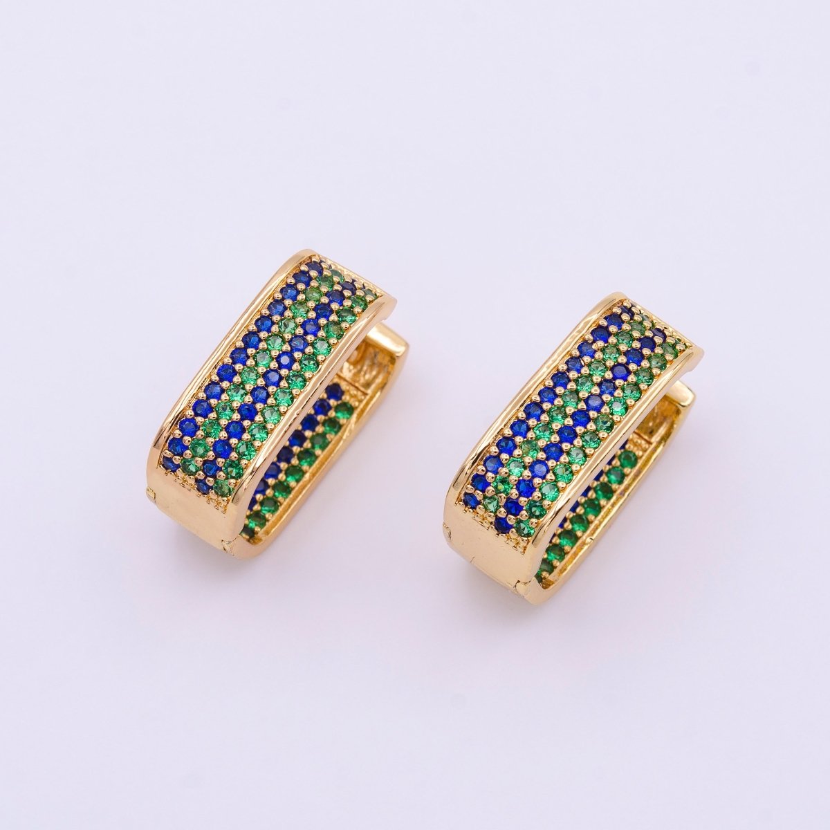 18K Gold Filled Blue & Green Ocean Micro Paved Front-Facing Oblong Hoop Earrings in Gold & Silver | AD851 AD852 - DLUXCA