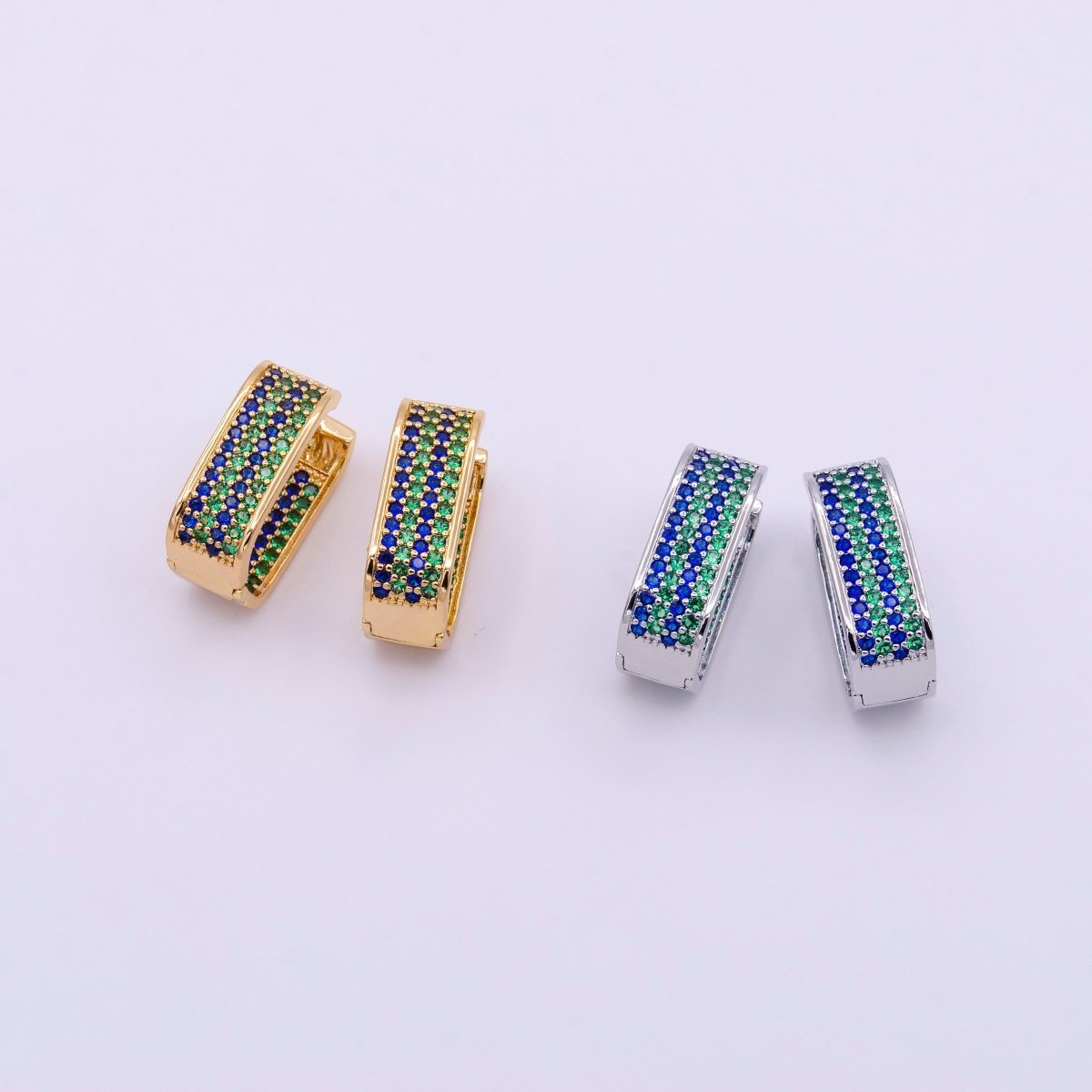 18K Gold Filled Blue & Green Ocean Micro Paved Front-Facing Oblong Hoop Earrings in Gold & Silver | AD851 AD852 - DLUXCA