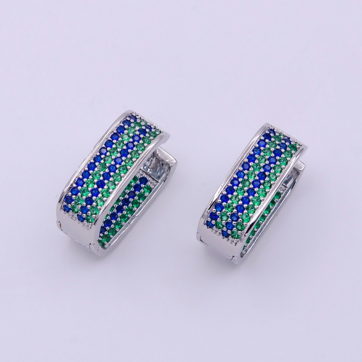 18K Gold Filled Blue & Green Ocean Micro Paved Front-Facing Oblong Hoop Earrings in Gold & Silver | AD851 AD852 - DLUXCA