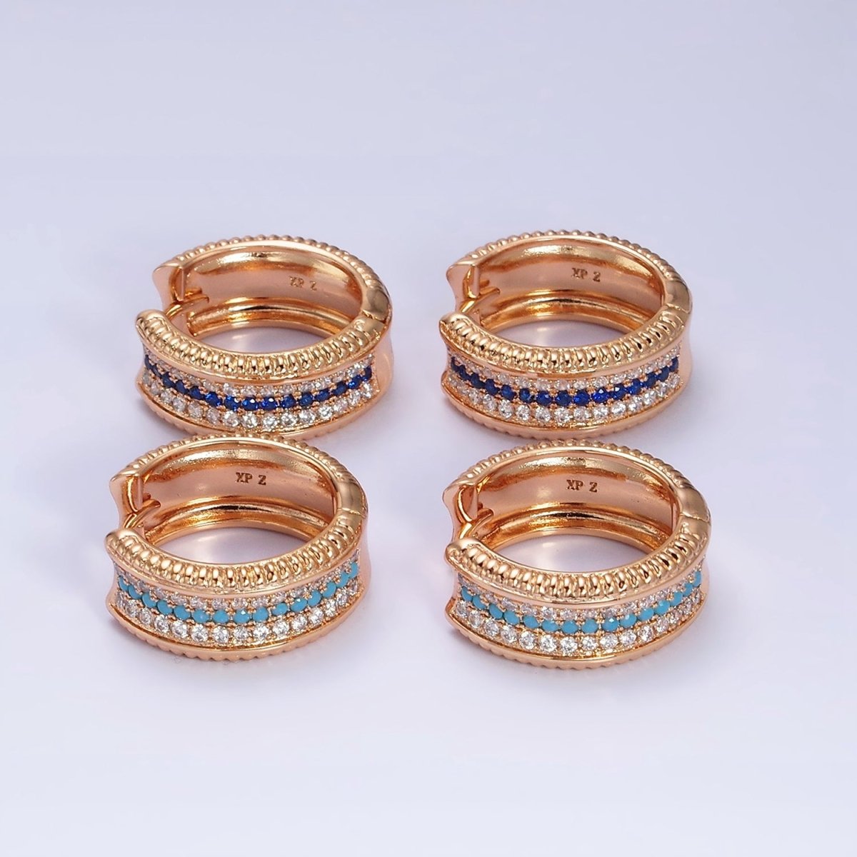 18K Gold Filled Blue, Turquoise Micro Paved CZ 20mm Wide Hoop Earrings | AD1367 - DLUXCA