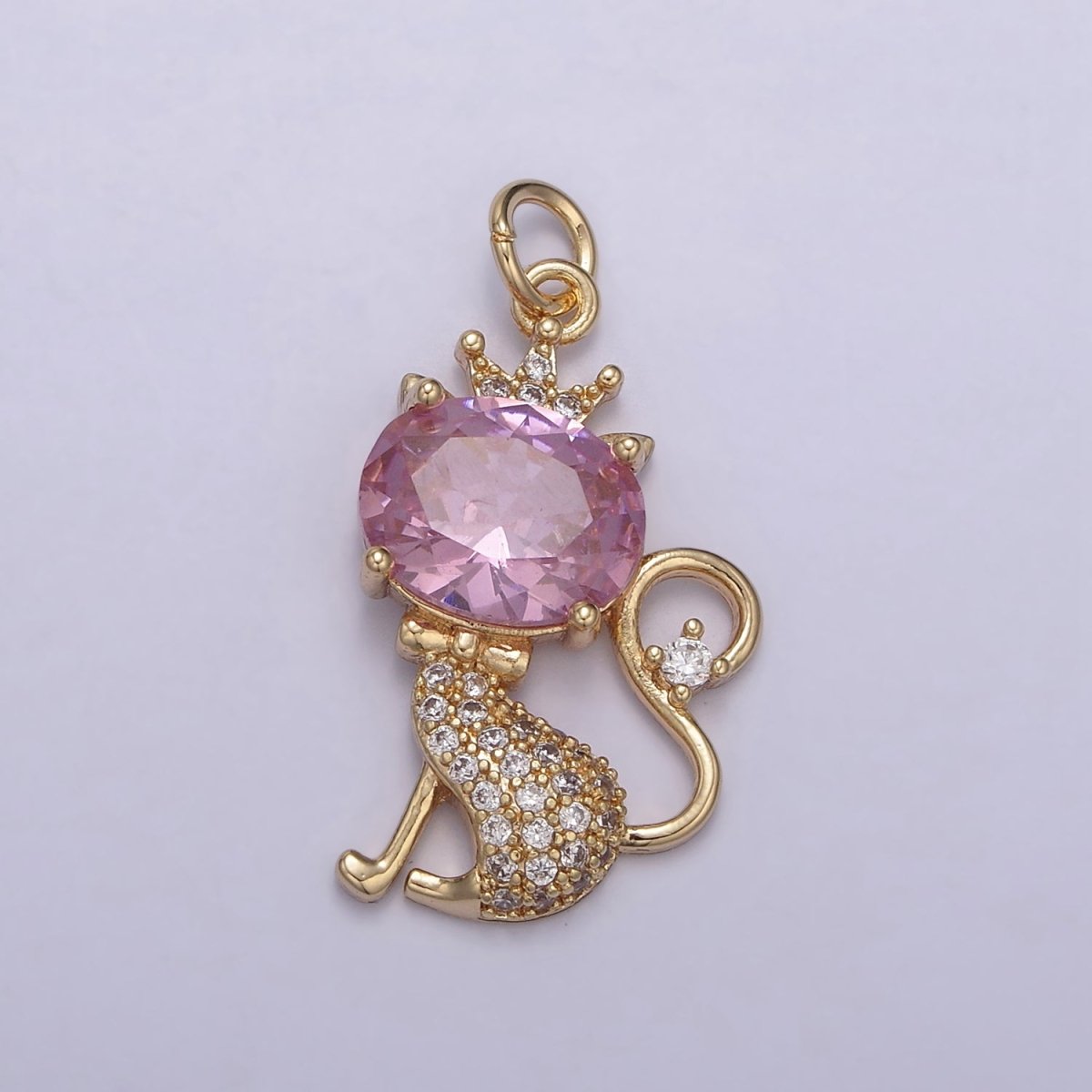18K Gold Filled Cat Charm, Kitten Charm, Pink CZ Micro Pave Crystal Charm, Gold Cat Charm, Simple Cat Charm N-835 - DLUXCA
