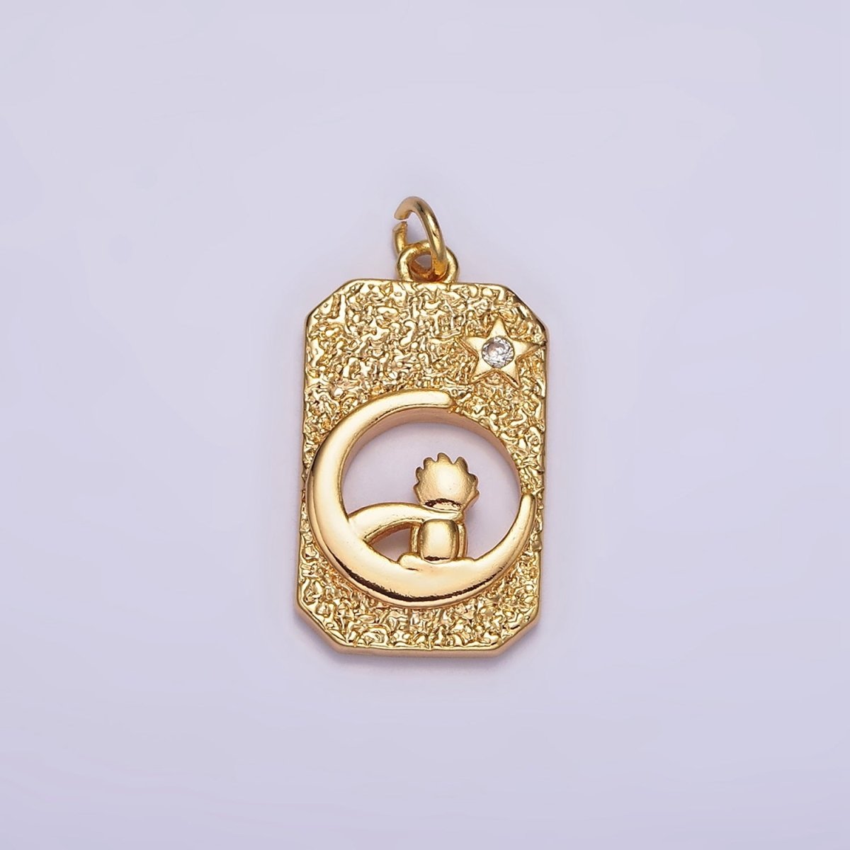 18K Gold Filled Celestial Crescent Star Moon Little Boy Prince Open Hammered Tag Charm | N-1755 - DLUXCA