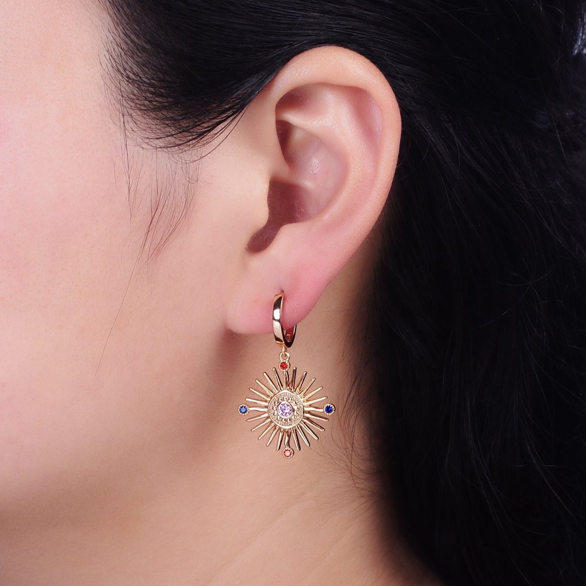 18K Gold Filled Celestial Sun Beam Multicolor Round CZ Drop Huggie Earrings | AD1398 - DLUXCA