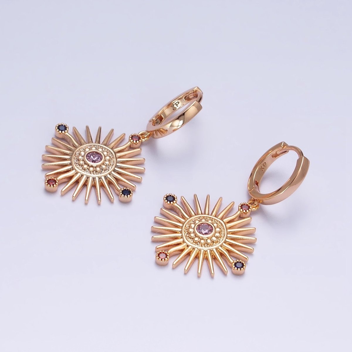 18K Gold Filled Celestial Sun Beam Multicolor Round CZ Drop Huggie Earrings | AD1398 - DLUXCA