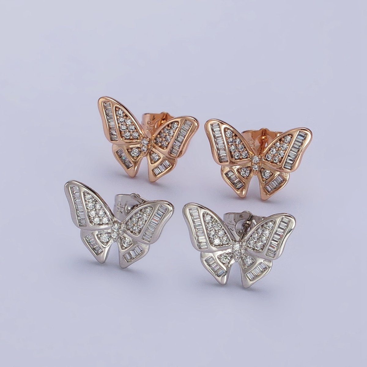18K Gold Filled Clear Butterfly Mariposa Baguette Micro Paved Stud Earrings | AB1025 AB1086 - DLUXCA