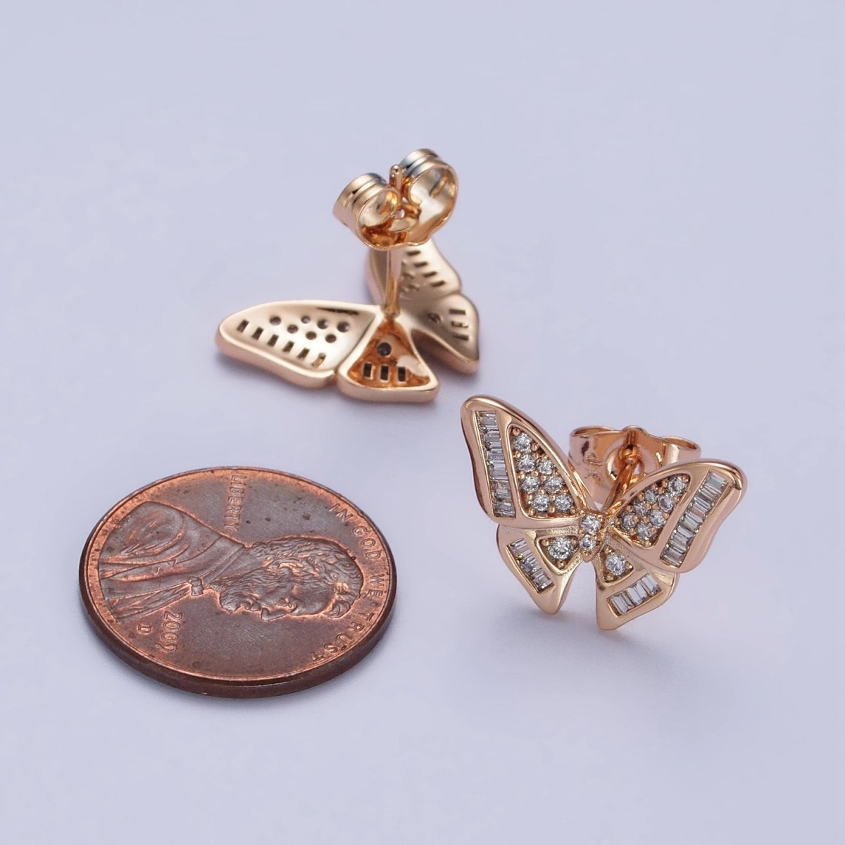 18K Gold Filled Clear Butterfly Mariposa Baguette Micro Paved Stud Earrings | AB1025 AB1086 - DLUXCA