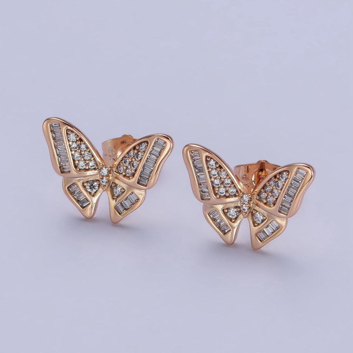 18K Gold Filled Clear Butterfly Mariposa Baguette Micro Paved Stud Earrings | AB1025 AB1086 - DLUXCA
