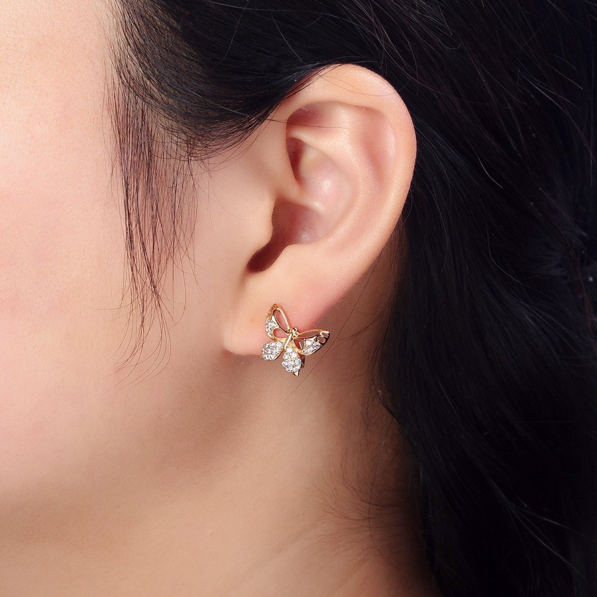 18K Gold Filled Clear Butterfly Mariposa Baguette Micro Paved Stud Earrings | AB1025 AB1086 - DLUXCA