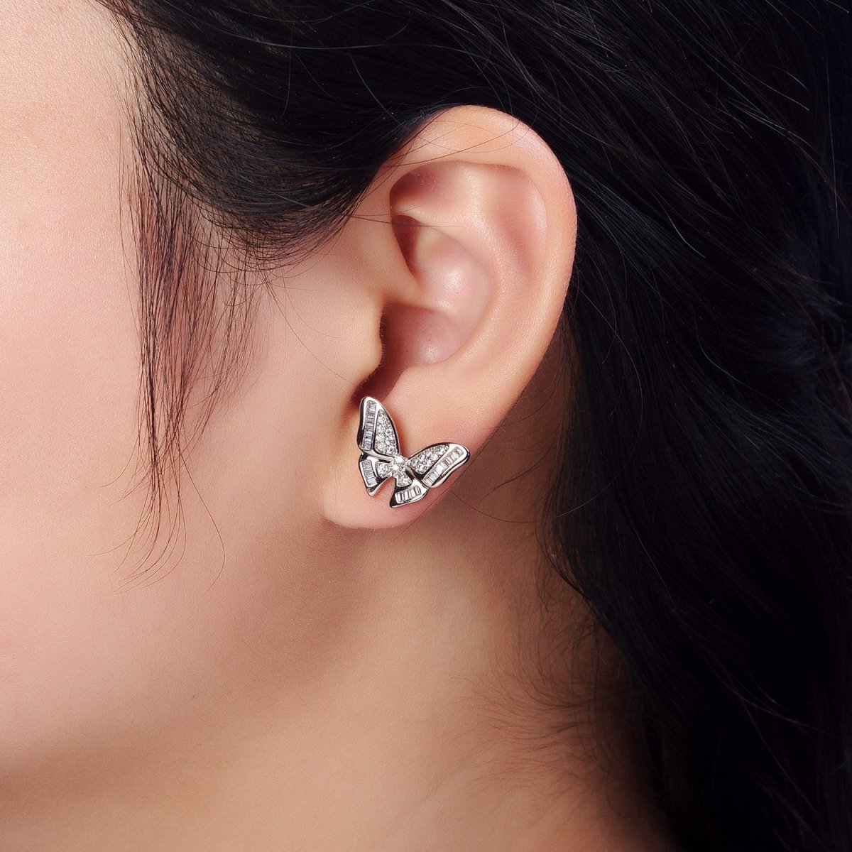 18K Gold Filled Clear Butterfly Mariposa Baguette Micro Paved Stud Earrings | AB1025 AB1086 - DLUXCA