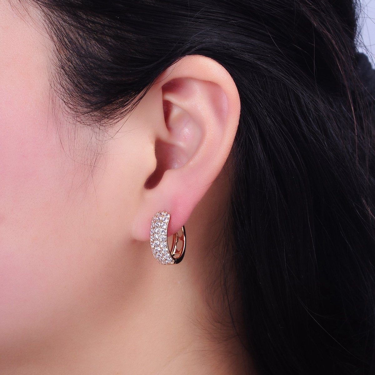 18K Gold Filled Clear CZ Triple Micro Paved Teardrop Filigree Huggie Hoop Earrings | AD1369 - DLUXCA