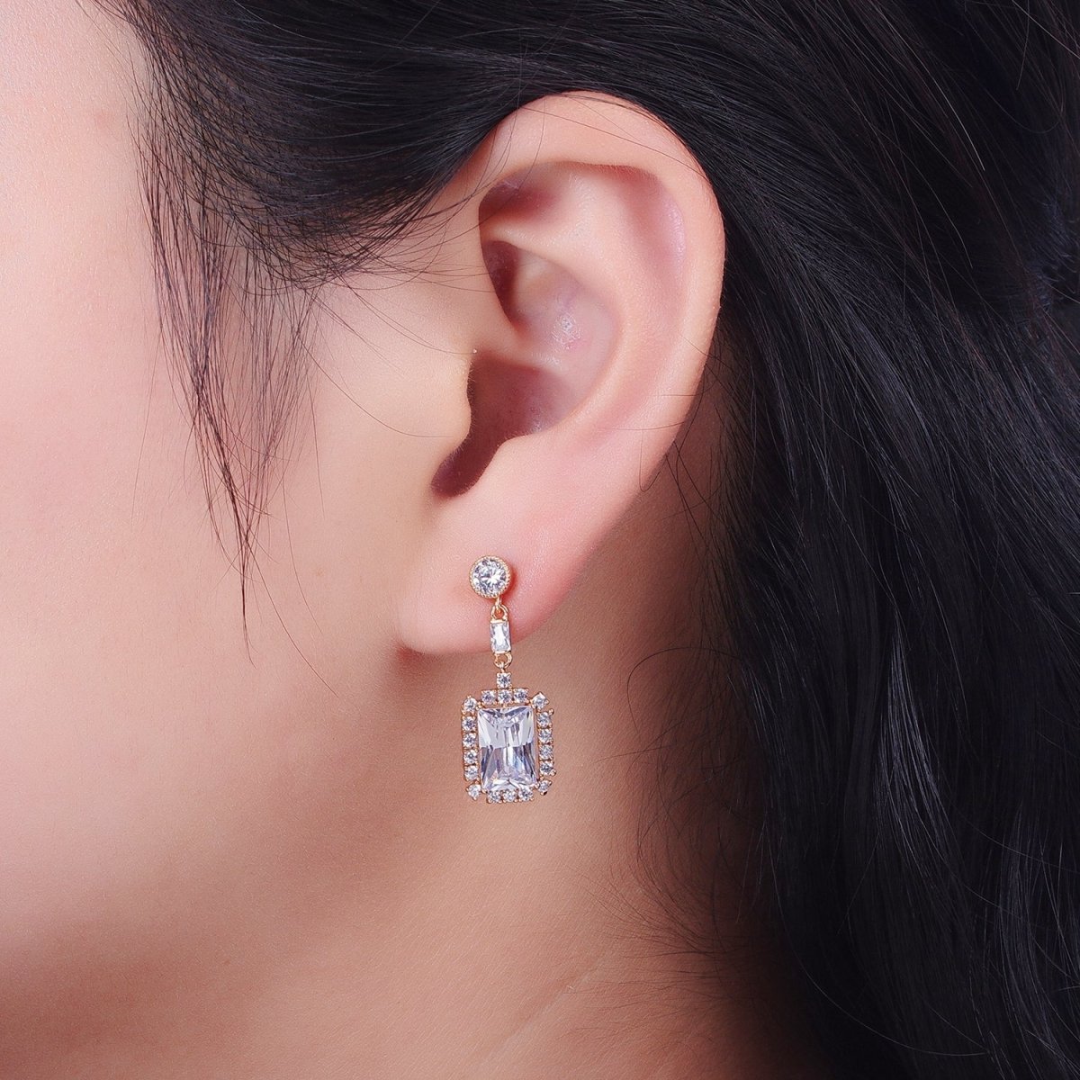 18K Gold Filled Clear, Green CZ Baguette Drop Round Stud Dangle Earrings | V-012 V-013 - DLUXCA