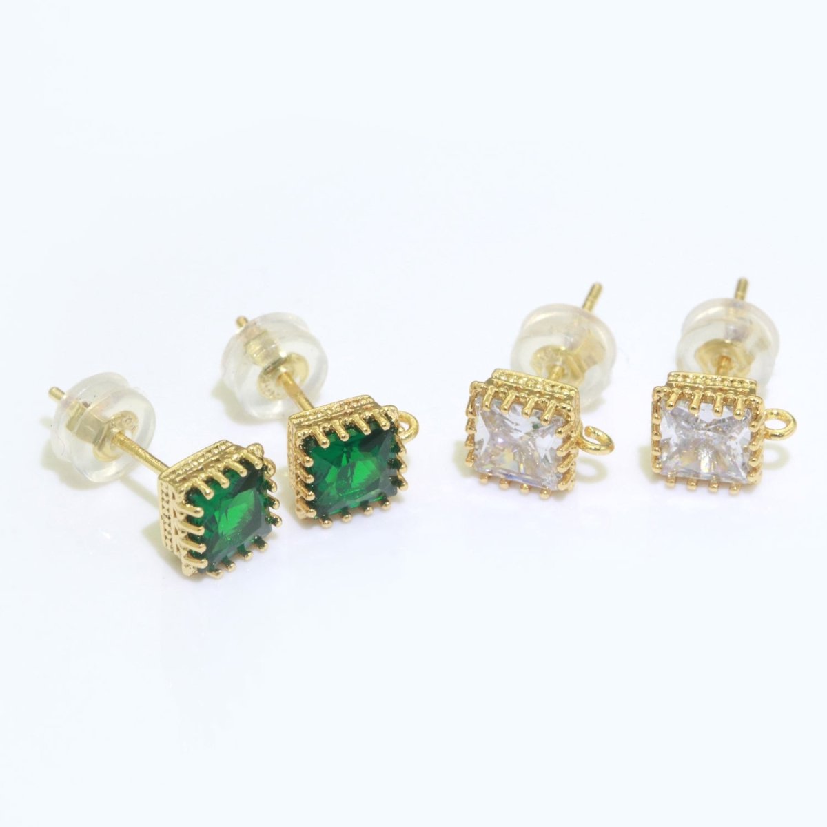 18K Gold Filled Clear / Green Square Cubic Zirconia Stud Drop Open Loop Earrings Supply L-491 L-492 - DLUXCA