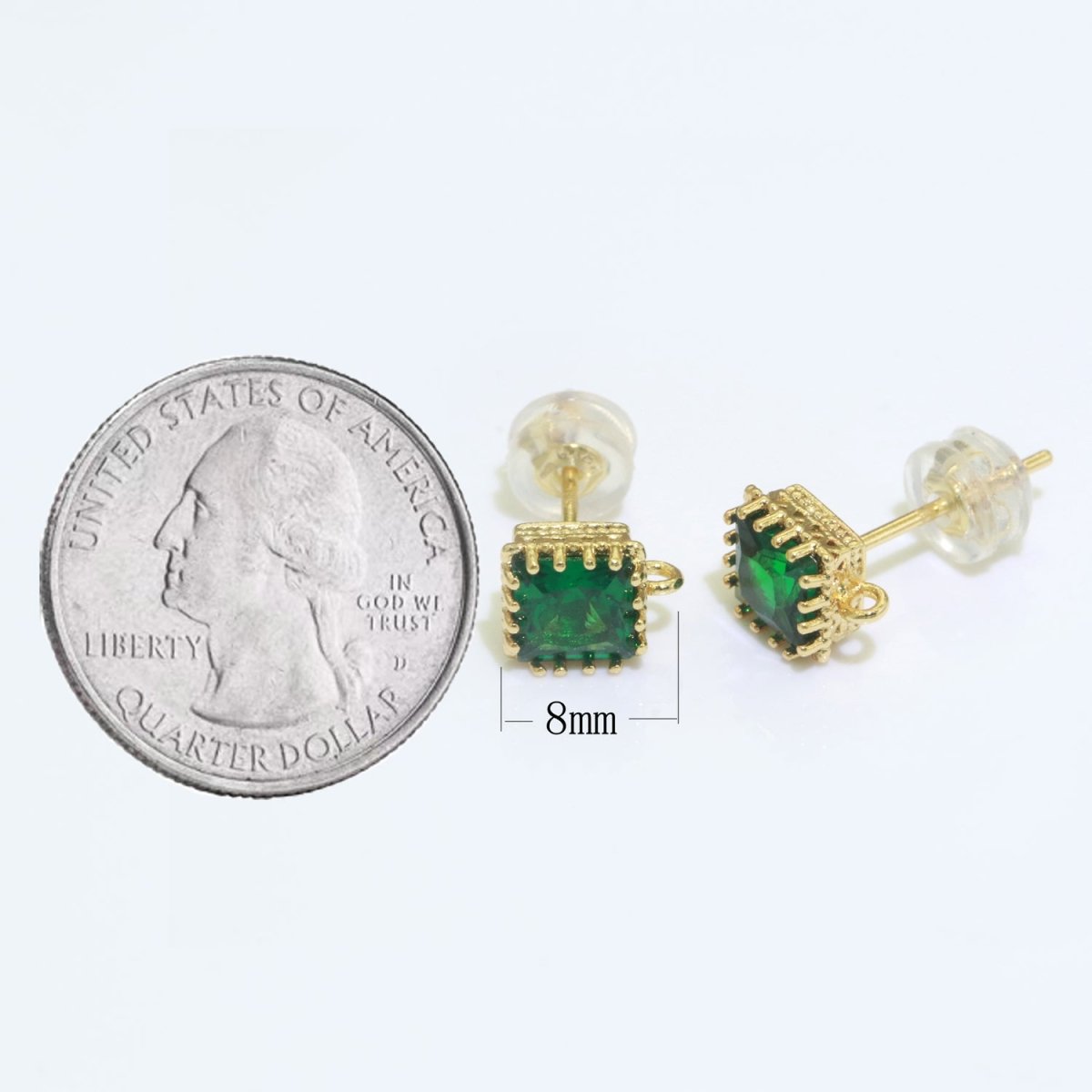 18K Gold Filled Clear / Green Square Cubic Zirconia Stud Drop Open Loop Earrings Supply L-491 L-492 - DLUXCA