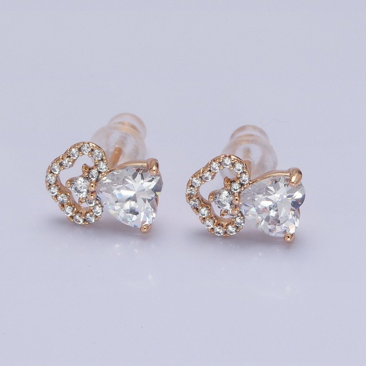 18K Gold Filled Clear, Heart, Red CZ Cloudy Stud Earrings | AD1417 - AD1419 - DLUXCA