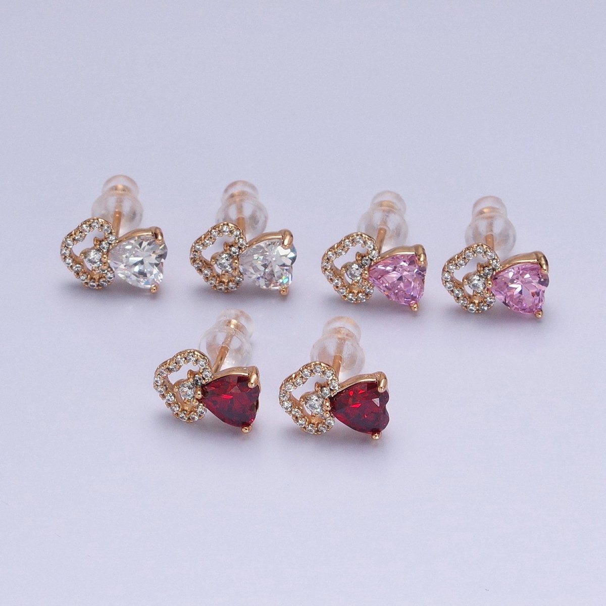 18K Gold Filled Clear, Heart, Red CZ Cloudy Stud Earrings | AD1417 - AD1419 - DLUXCA