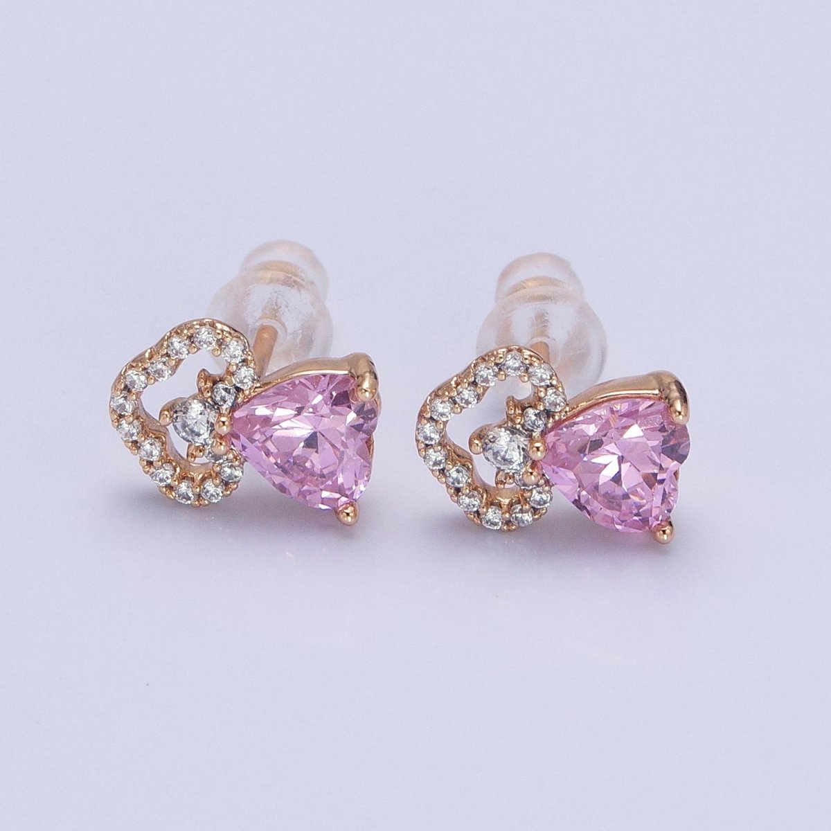 18K Gold Filled Clear, Heart, Red CZ Cloudy Stud Earrings | AD1417 - AD1419 - DLUXCA