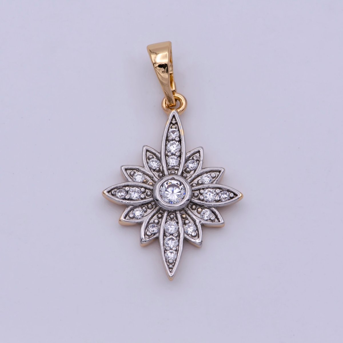 18K Gold Filled Clear Micro Paved CZ Celestial North Star Sun Flower Mixed Metal Pendant | N-1431 - DLUXCA