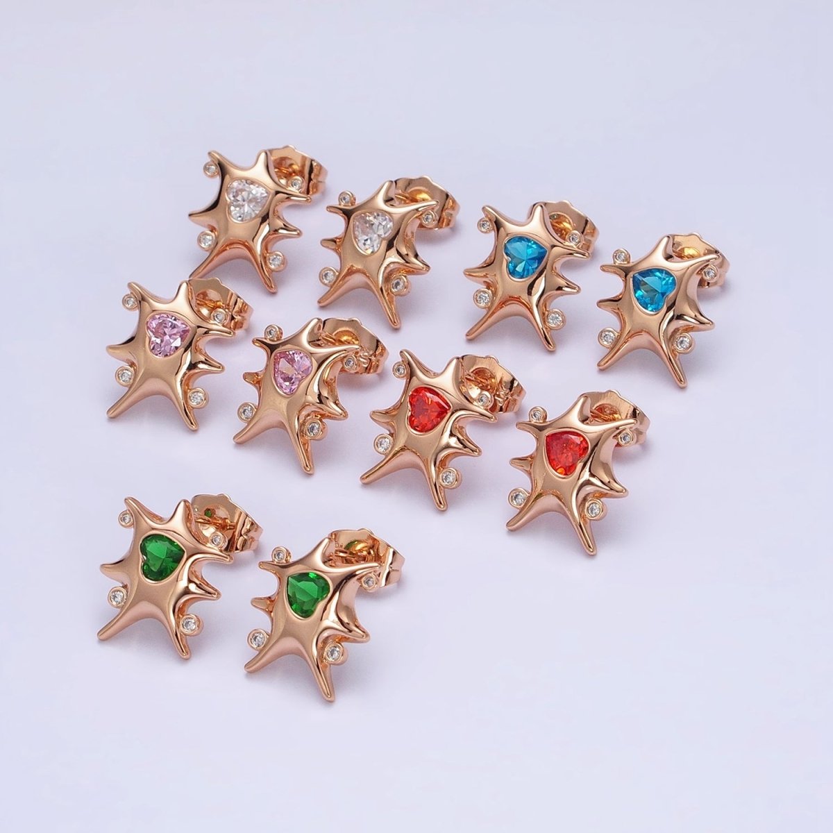 18K Gold Filled Clear, Red, Green, Pink, Blue Heart CZ Splat Rounded CZ Stud Earrings | AD1391 - AD1395 - DLUXCA