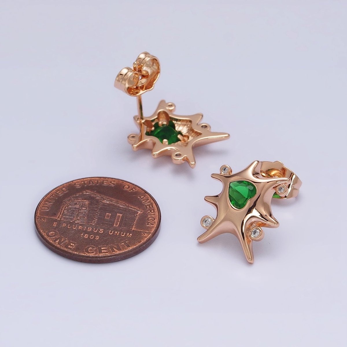 18K Gold Filled Clear, Red, Green, Pink, Blue Heart CZ Splat Rounded CZ Stud Earrings | AD1391 - AD1395 - DLUXCA