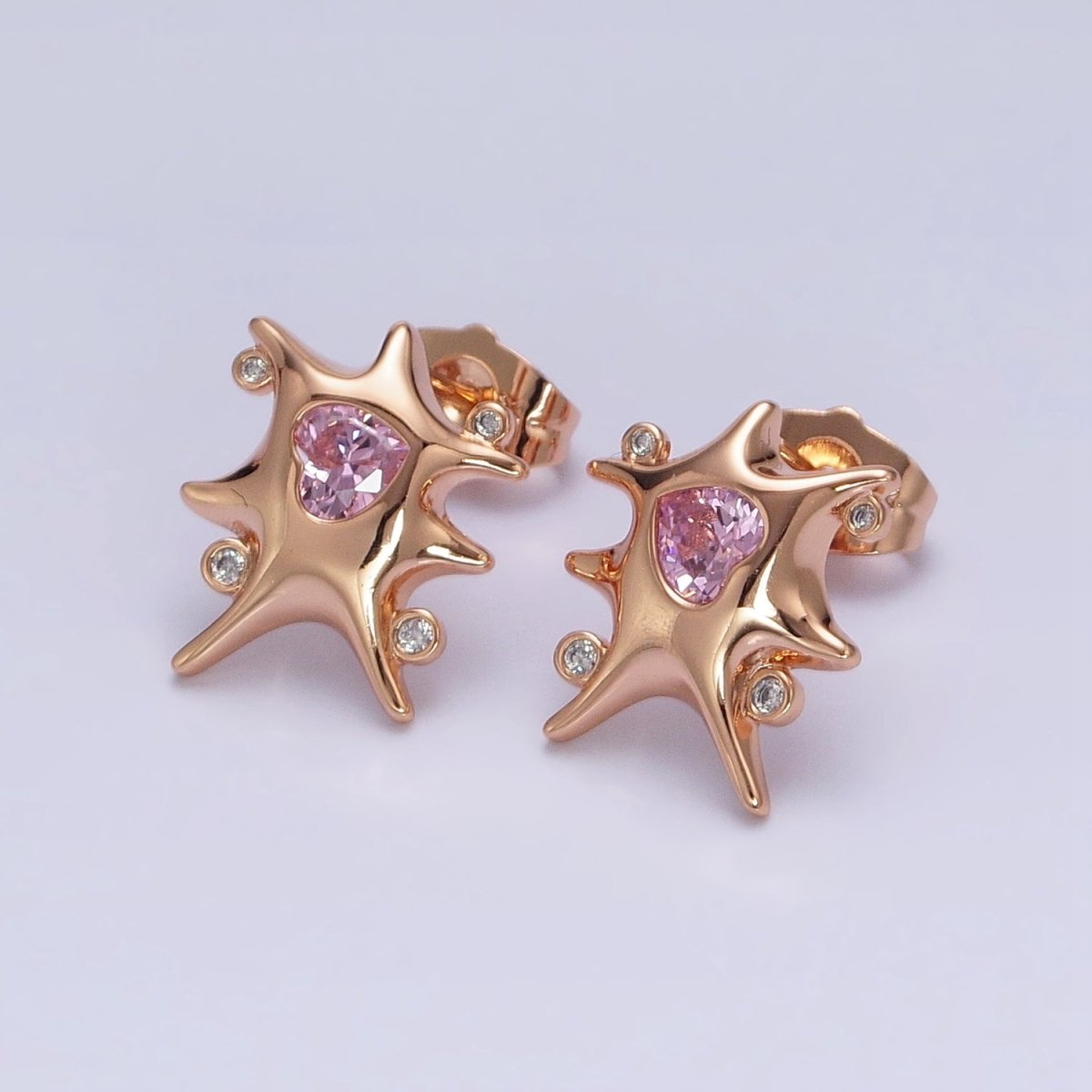 18K Gold Filled Clear, Red, Green, Pink, Blue Heart CZ Splat Rounded CZ Stud Earrings | AD1391 - AD1395 - DLUXCA