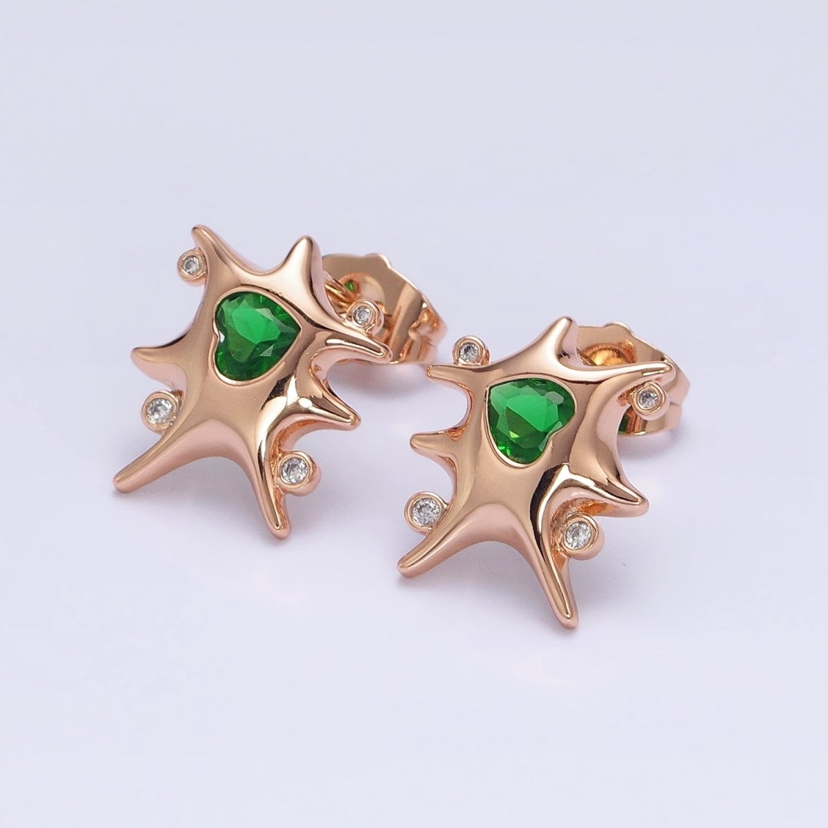 18K Gold Filled Clear, Red, Green, Pink, Blue Heart CZ Splat Rounded CZ Stud Earrings | AD1391 - AD1395 - DLUXCA