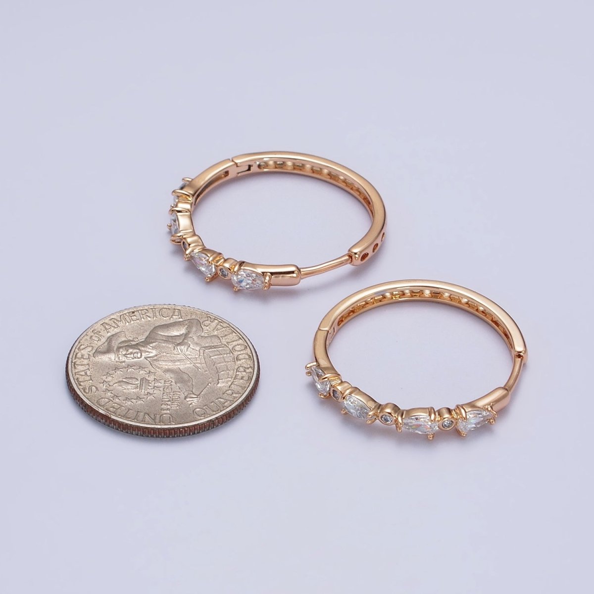 18K Gold Filled Clear Teardrop Round CZ Lined 27mm Endless Hoop Earrings | AB128 - DLUXCA