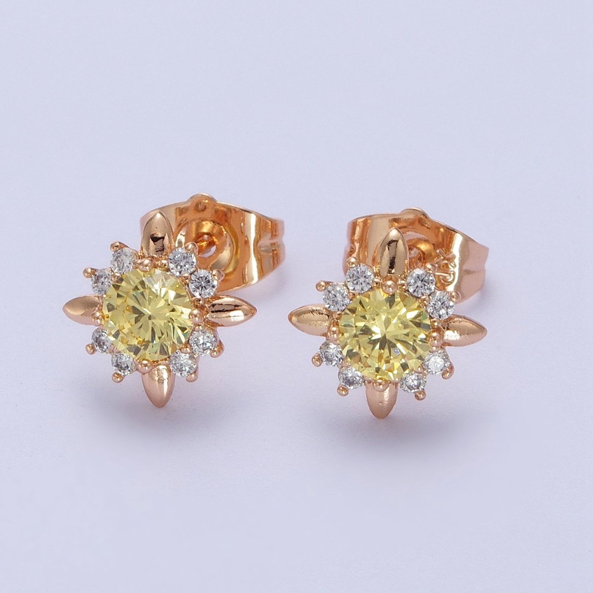 18K Gold Filled Clear, Yellow, Pink, Green CZ Celestial Sun Stud Earrings | Y-299~Y-302 - DLUXCA