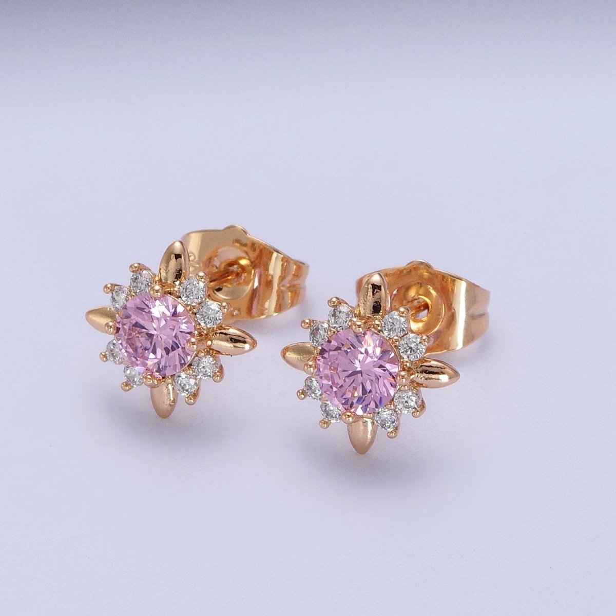 18K Gold Filled Clear, Yellow, Pink, Green CZ Celestial Sun Stud Earrings | Y-299~Y-302 - DLUXCA