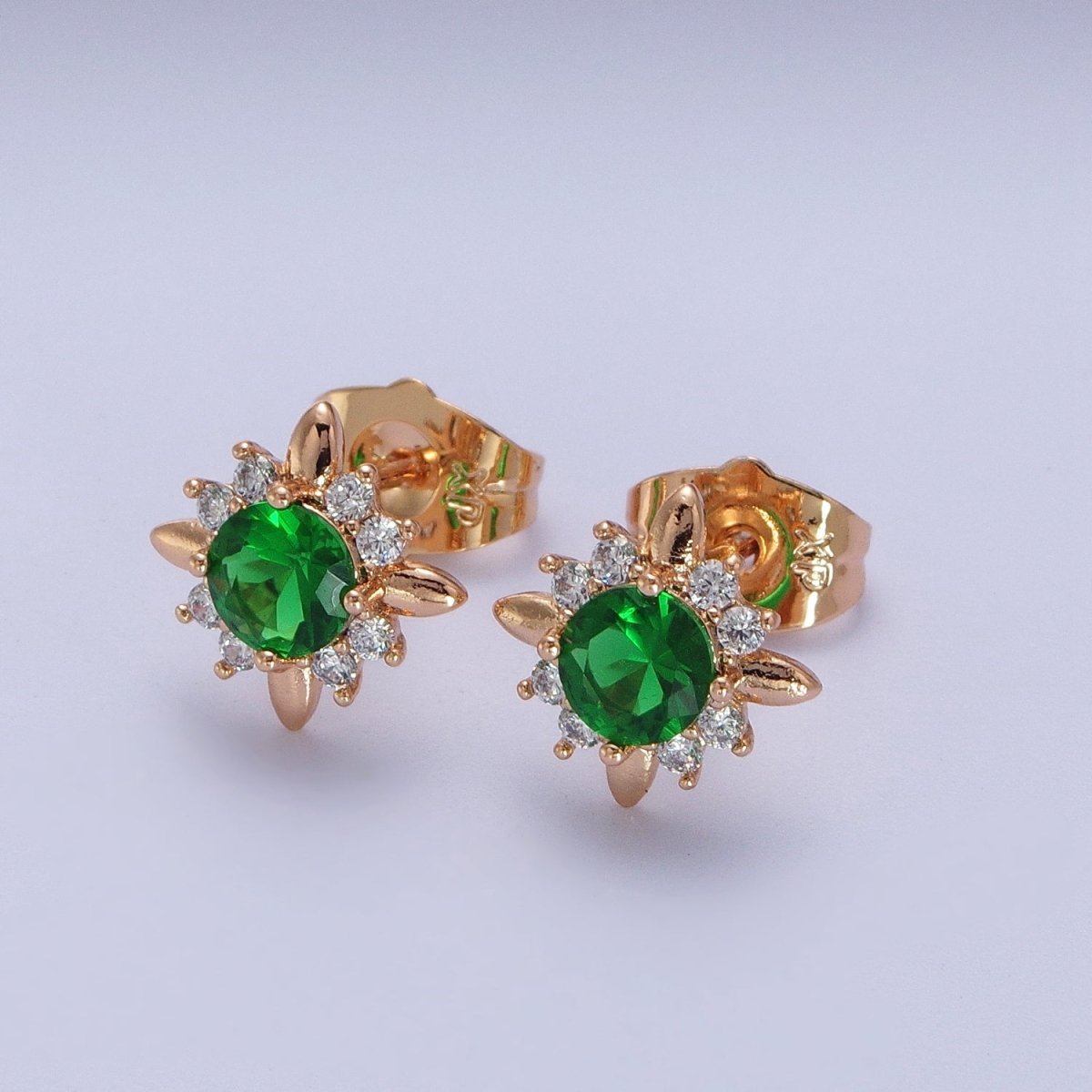 18K Gold Filled Clear, Yellow, Pink, Green CZ Celestial Sun Stud Earrings | Y-299~Y-302 - DLUXCA