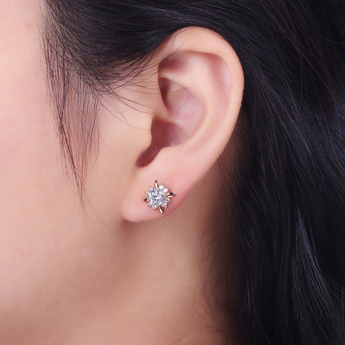 18K Gold Filled Clear, Yellow, Pink, Green CZ Celestial Sun Stud Earrings | Y-299~Y-302 - DLUXCA