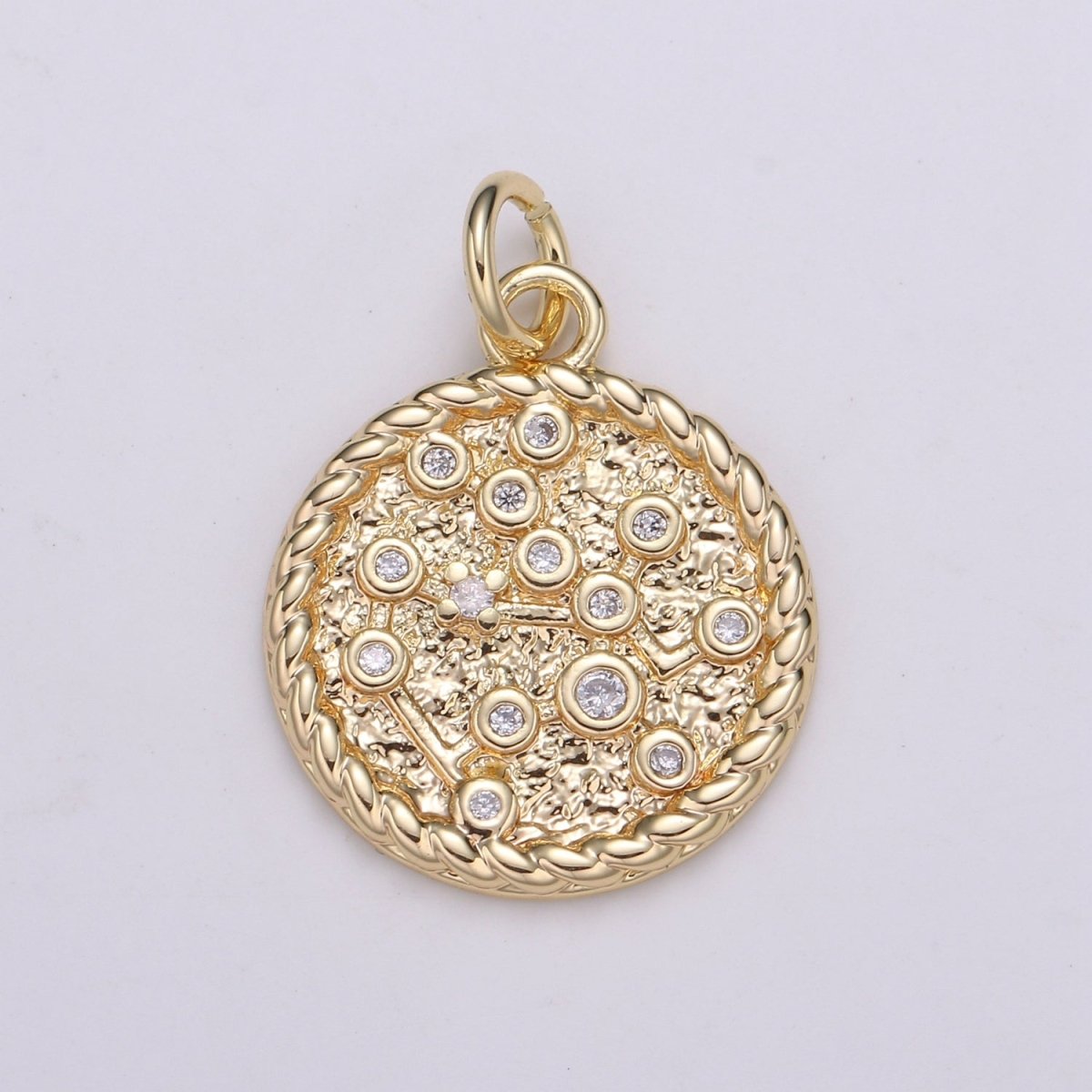 18K Gold Filled Constellation Zodiac Braided Rustic Coin Charm | A-664-A-676 - DLUXCA