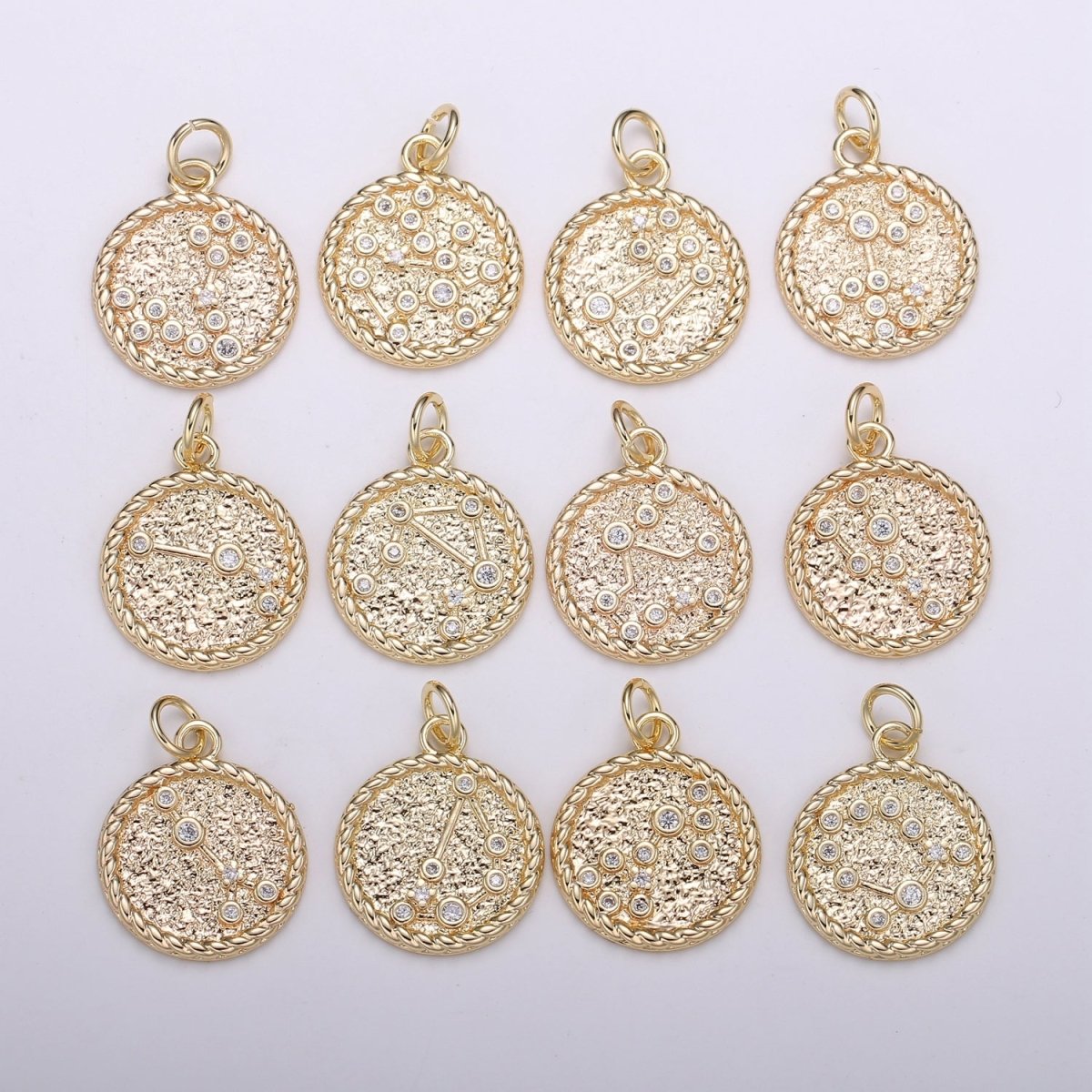 18K Gold Filled Constellation Zodiac Braided Rustic Coin Charm | A-664-A-676 - DLUXCA