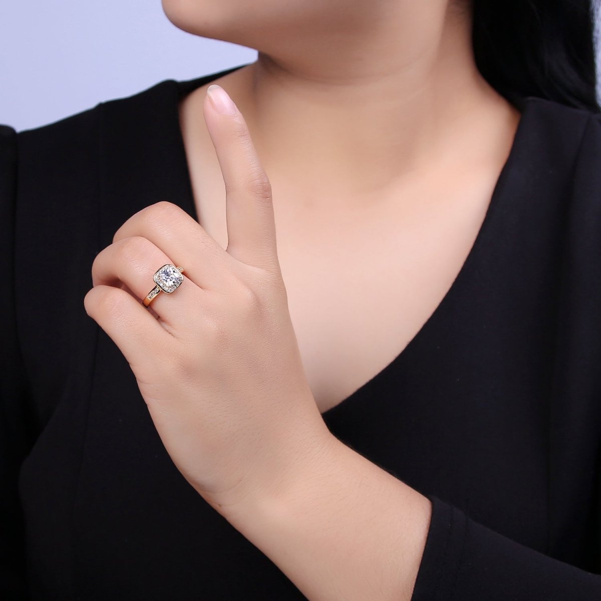 18K Gold Filled Crystal Zirconia CZ Solitaire Promise Ring, Adjustable Ring For Valentine U-336 - DLUXCA