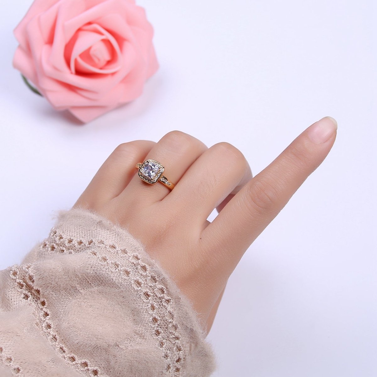 18K Gold Filled Crystal Zirconia CZ Solitaire Promise Ring, Adjustable Ring For Valentine U-336 - DLUXCA