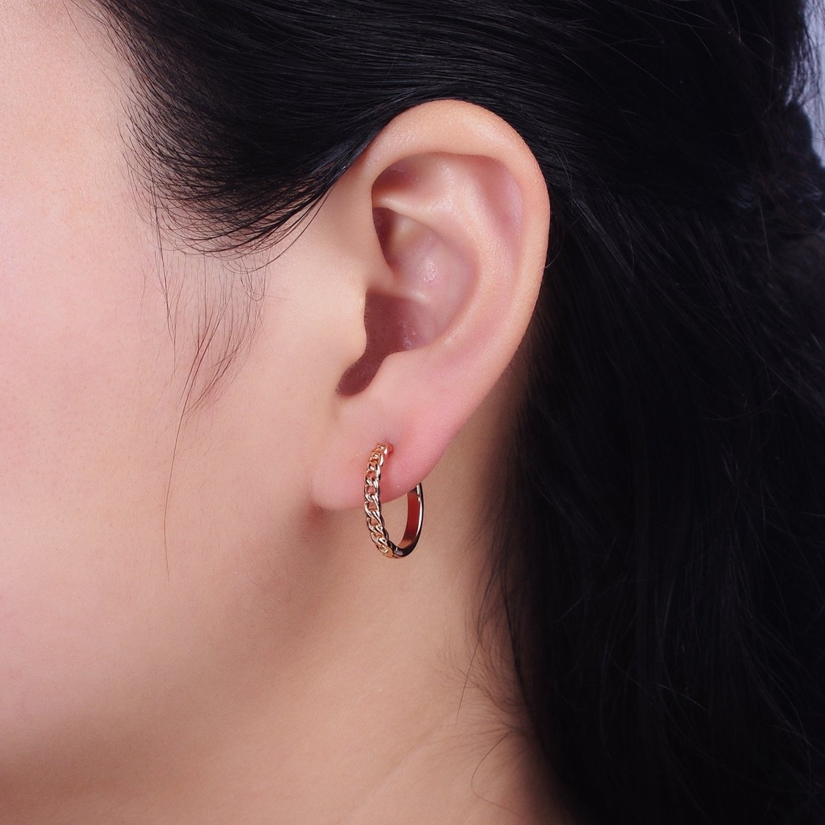 18K Gold Filled Curb Link Chain Endless Hoop Huggie Earrings |AD-1411 - DLUXCA