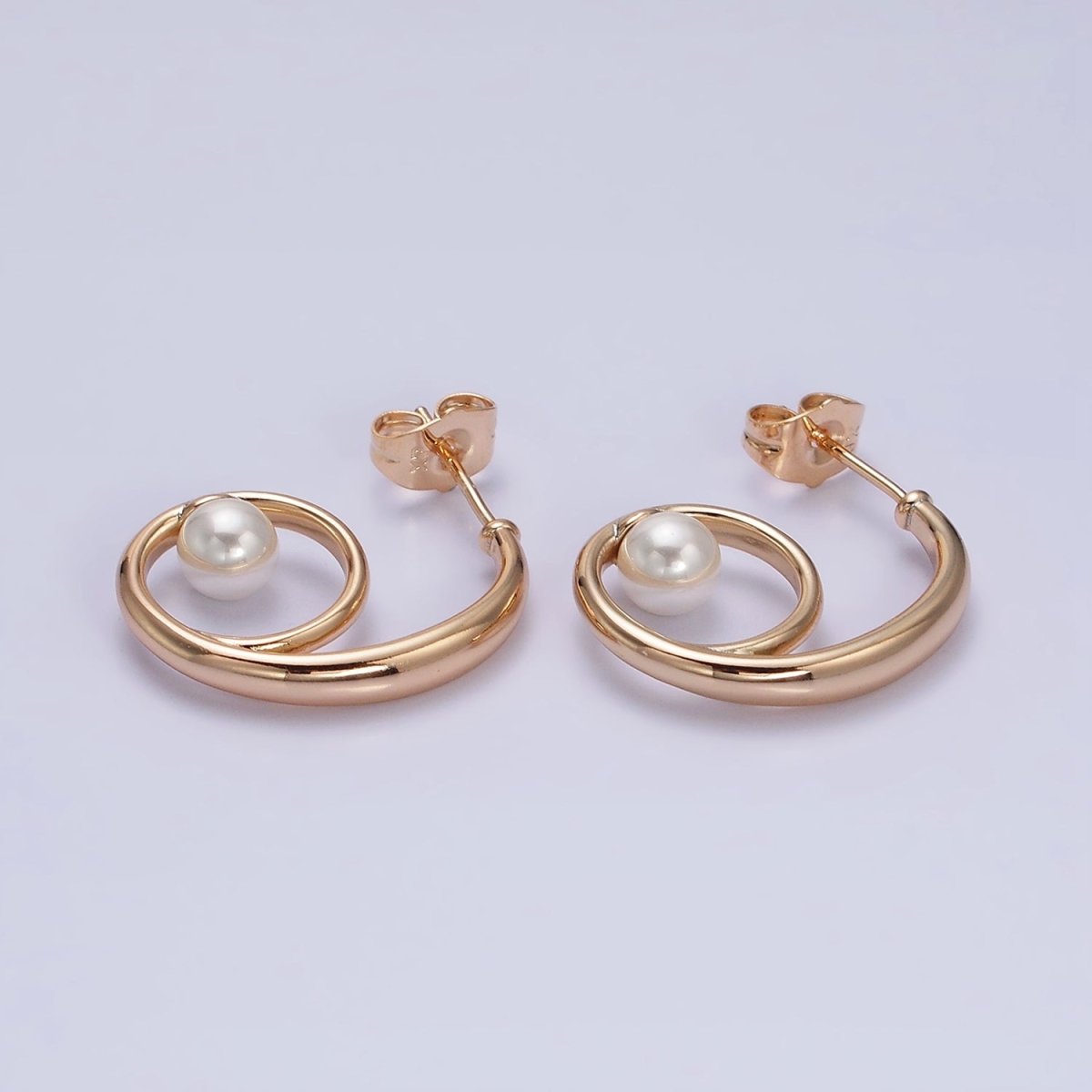 18K Gold Filled Curled Band Pearl Geometric J-Shaped Hoop Earrings | AD1448 - DLUXCA