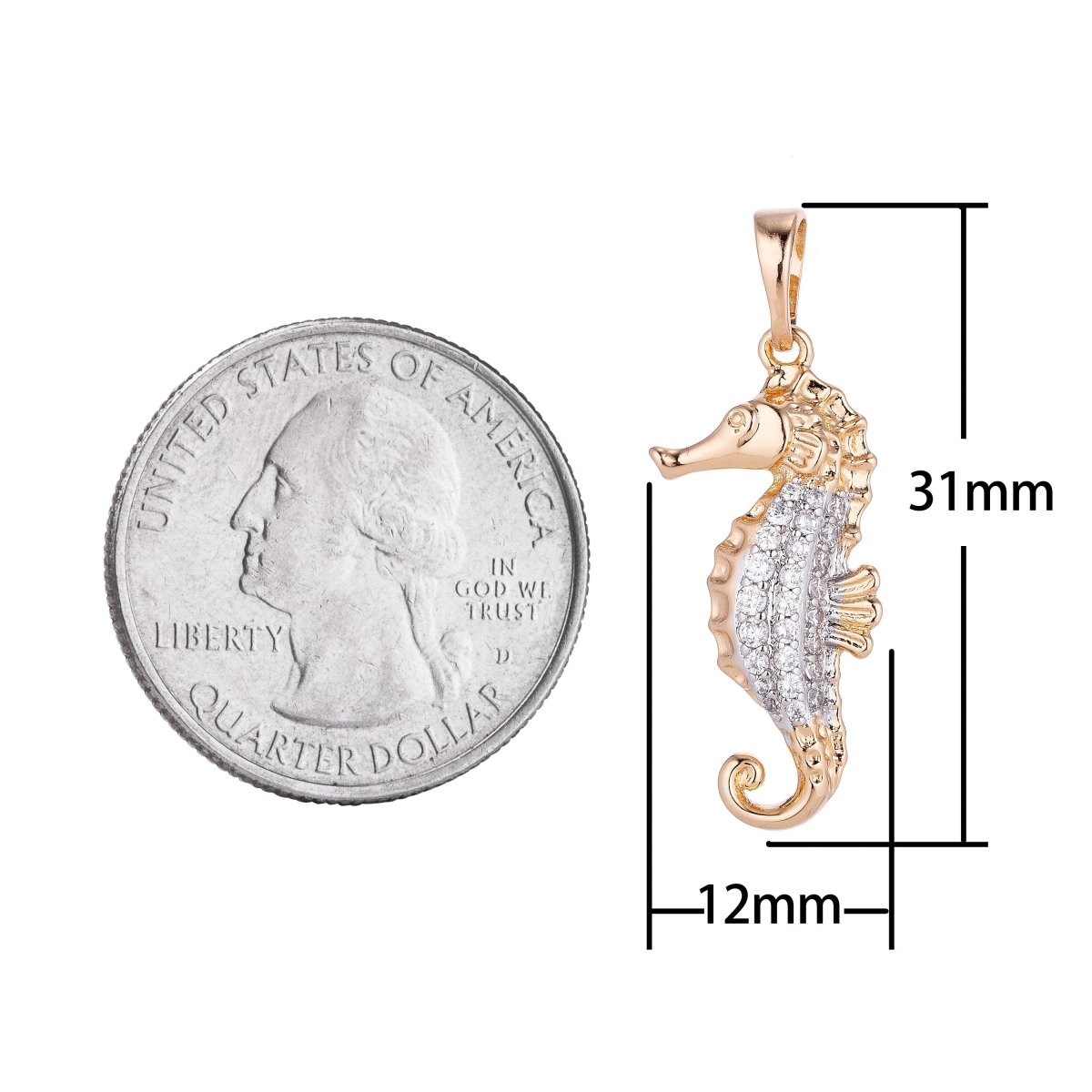 18k Gold Filled Cute Seahorse, Under the Sea Animal, Summer Ocean Vibe Cubic Zirconia Necklace Pendant Bead Bails Findings for Jewelry Making H-559 - DLUXCA
