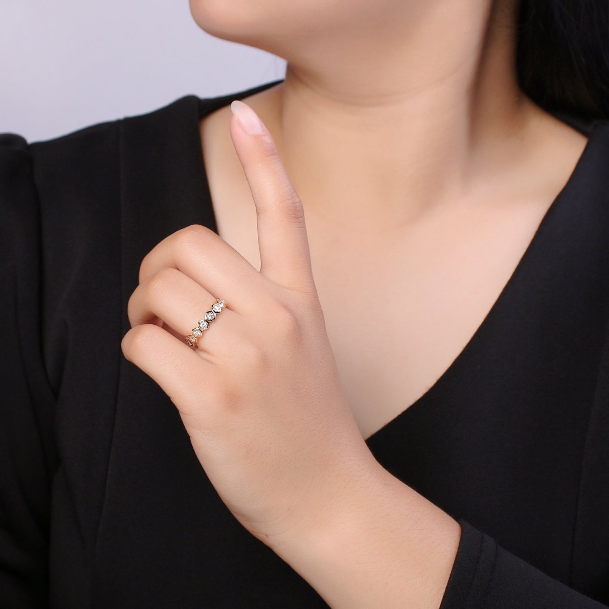 18K Gold Filled CZ Hexagon Band Adjustable Ring O-325 - DLUXCA