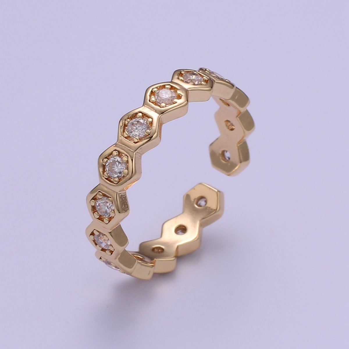 18K Gold Filled CZ Hexagon Band Adjustable Ring O-325 - DLUXCA