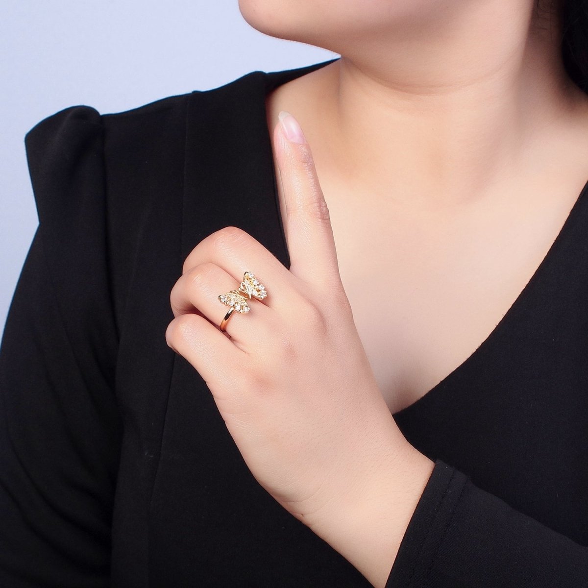 18k Gold Filled Dainty Butterfly Ring, Gold Pave Butterfly Ring, Delicate Butterfly Open Ring Adjustable Ring Big Butterfly Ring O-737 - DLUXCA