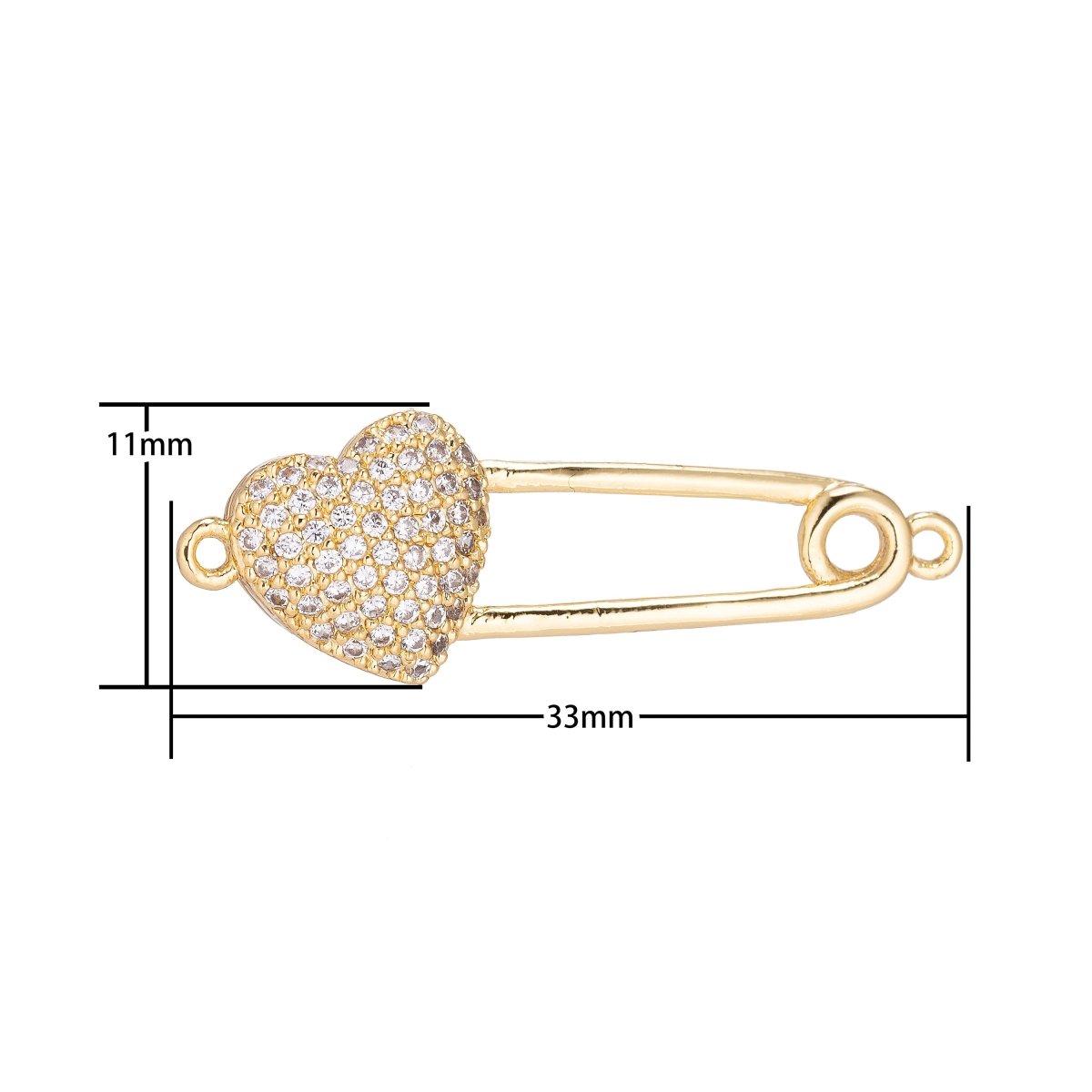 18K Gold Filled Dainty Delicate Safety Pin w/ Love Heart Cubic Zirconia Bracelet Charm Bead Finding Connector for Earring Jewelry Making F-092 - DLUXCA