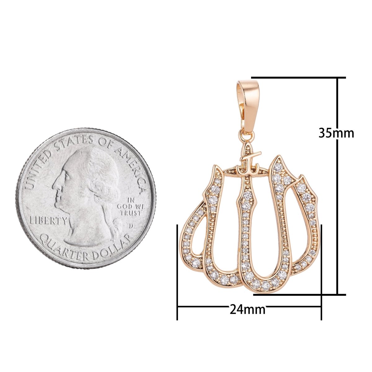 18k Gold Filled Dainty Islamic Word, Allah, Moslem God Cubic Zirconia Necklace Pendant Bead Bails Findings for Jewelry Making H-578 - DLUXCA